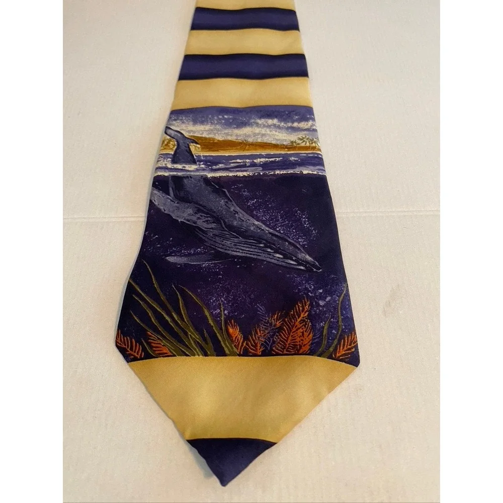 Endangered Species Humpback Whale Silk Tie Navy Gold Striped Nautical Ocean 57in